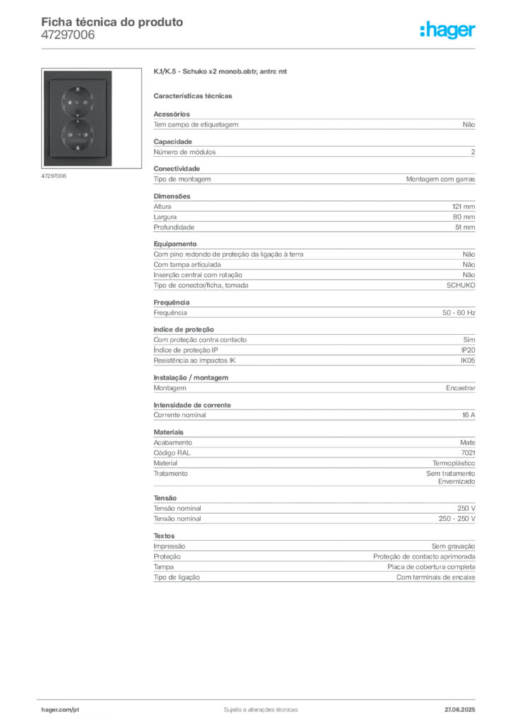 Imagem Hager Ficha técnica do produto 47297006 | Hager Portugal