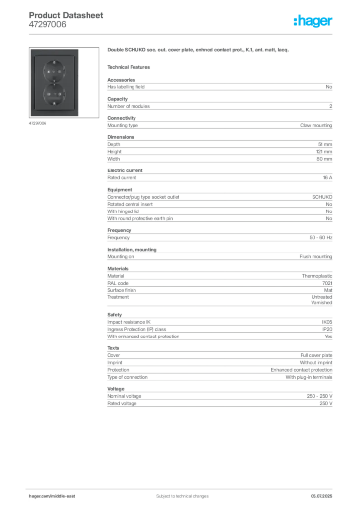 Image Hager Product data sheet 47297006  | Hager