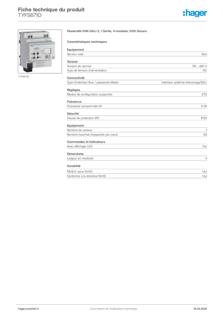 Image Hager Fiche technique du produit TYFS671D | Hager Afrique