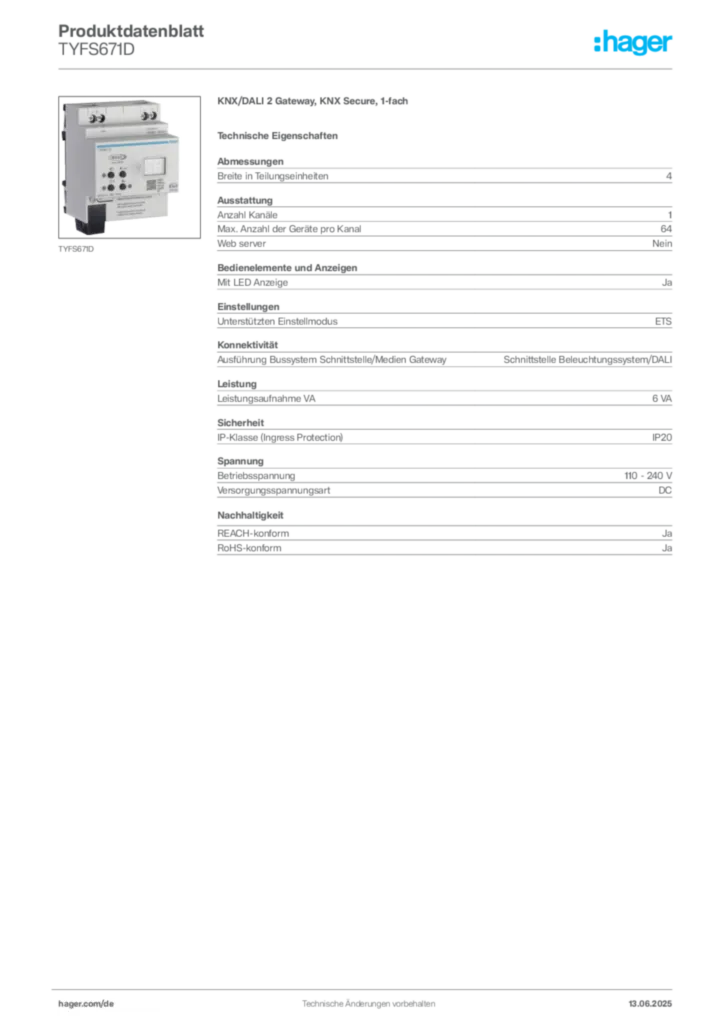 Bild Hager Produktdatenblatt TYFS671D | Hager Deutschland