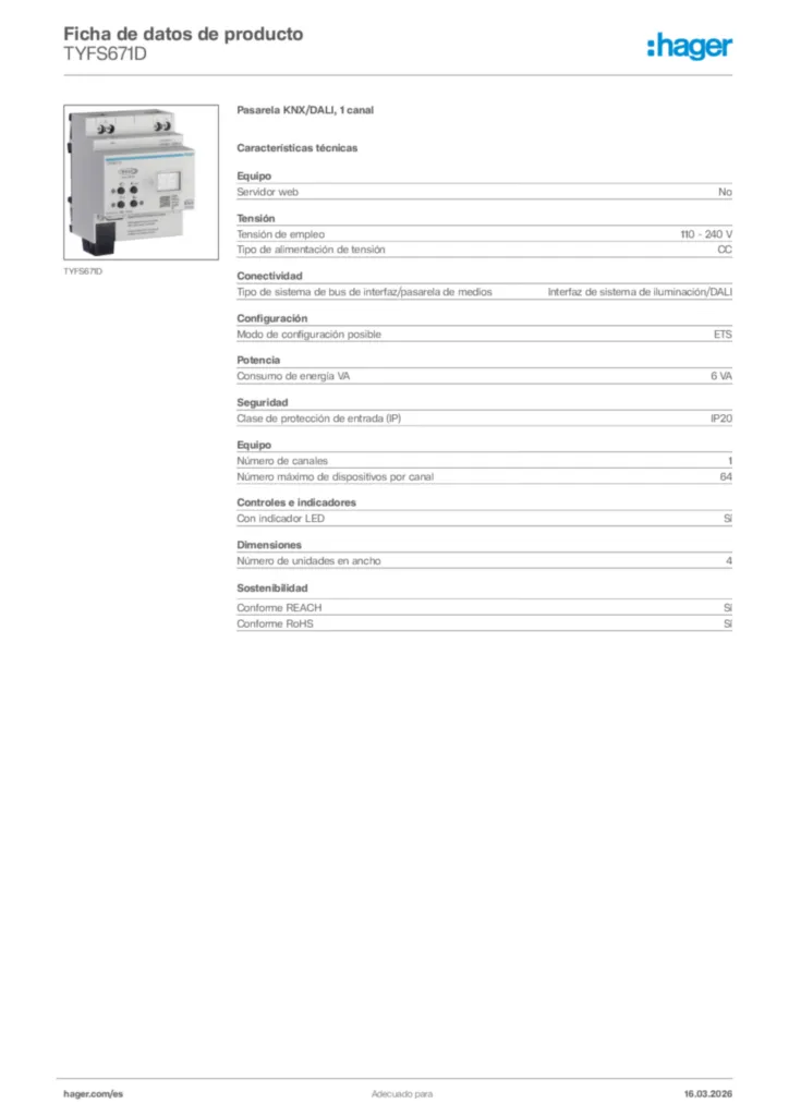 Imagen Hager Ficha de datos de producto TYFS671D | Hager España