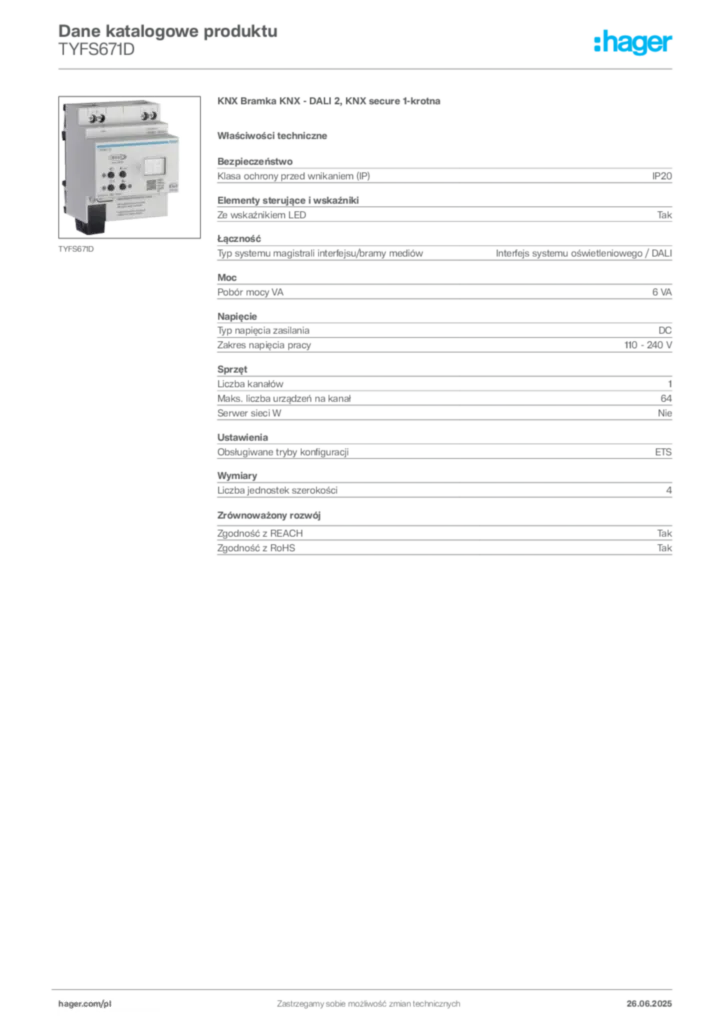 Zdjęcie Hager Dane katalogowe produktu TYFS671D | Hager Polska