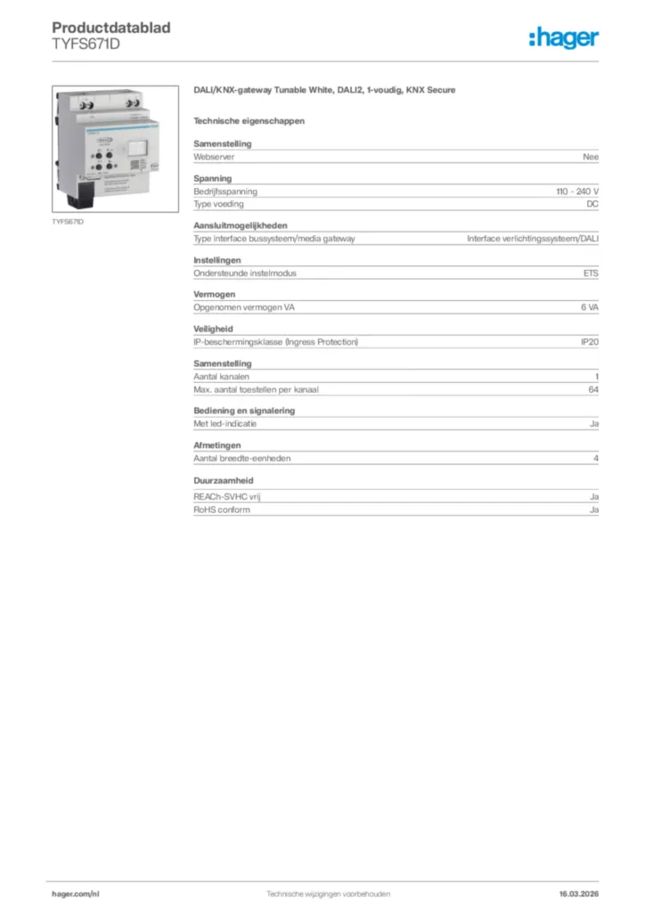 Afbeelding Hager Productdatablad TYFS671D | Hager Nederland