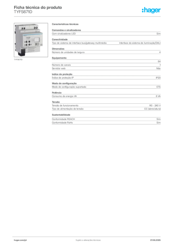 Imagem Hager Ficha técnica do produto TYFS671D | Hager Portugal