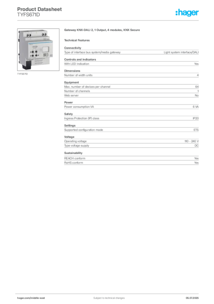 Image Hager Product data sheet TYFS671D  | Hager