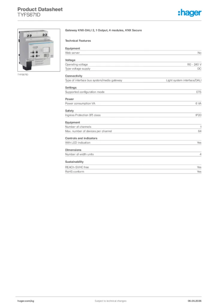 Image Hager Product data sheet TYFS671D  | Hager