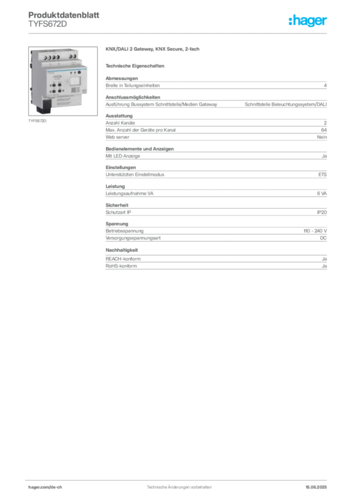 Bild Hager Produktdatenblatt TYFS672D | Hager Schweiz