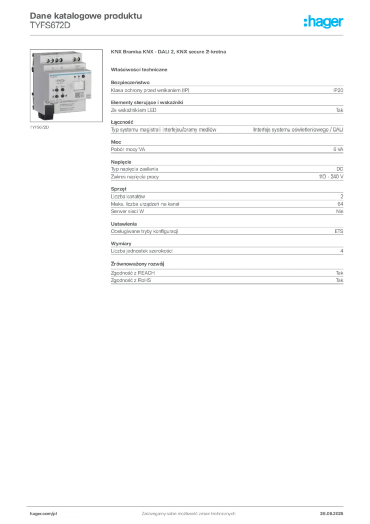 Zdjęcie Hager Dane katalogowe produktu TYFS672D | Hager Polska