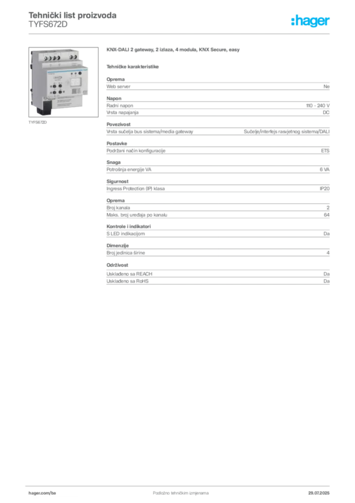 Slika Hager Product data sheet TYFS672D  | Hager