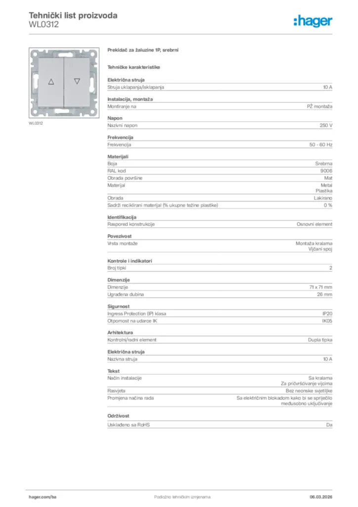 Slika Hager Tehnički list proizvoda WL0312  | Hager