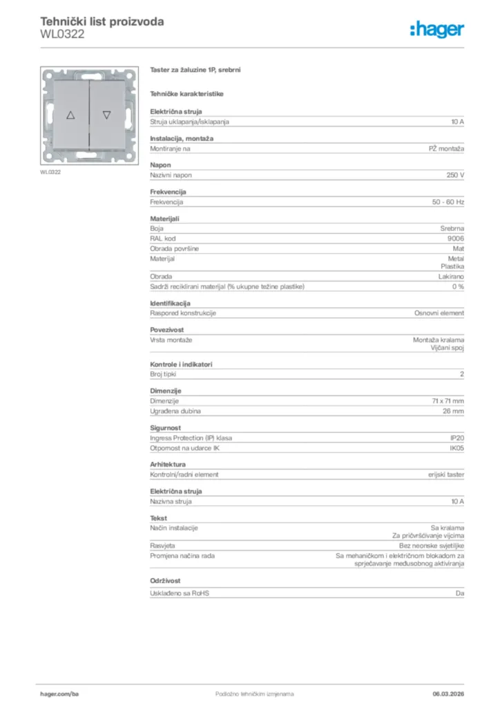 Slika Hager Tehnički list proizvoda WL0322  | Hager