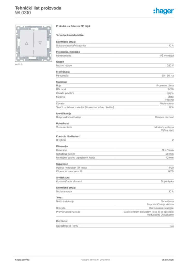 Slika Hager Tehnički list proizvoda WL0310  | Hager