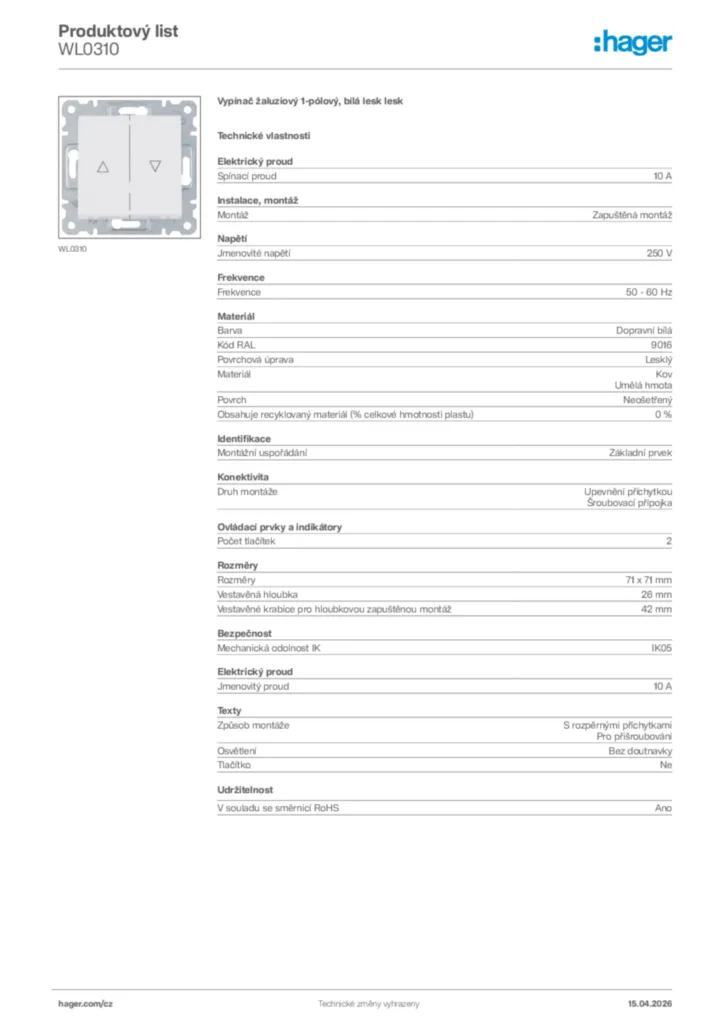 Obrázek Hager Product data sheet WL0310 | Hager