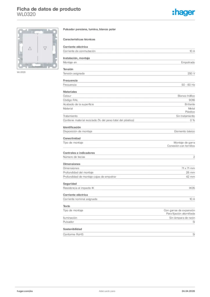 Imagen Hager Ficha de datos de producto WL0320 | Hager España