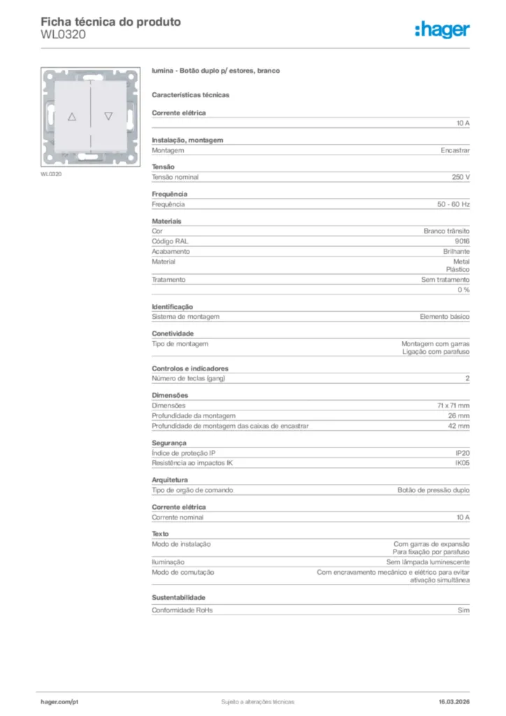 Imagem Hager Ficha técnica do produto WL0320 | Hager Portugal