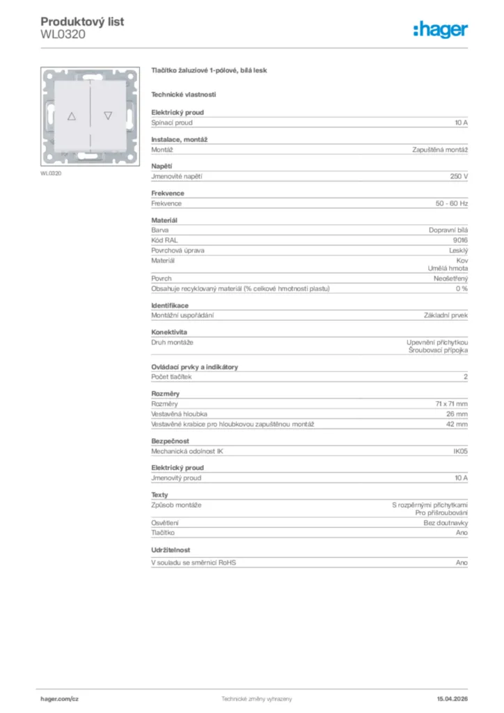 Obrázek Hager Product data sheet WL0320 | Hager