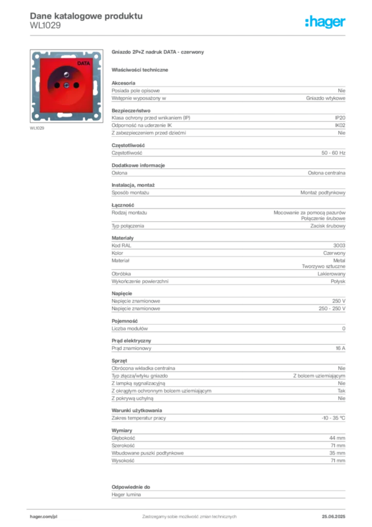 Zdjęcie Hager Dane katalogowe produktu WL1029 | Hager Polska