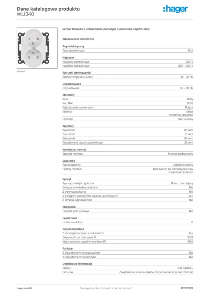 Zdjęcie Hager Dane katalogowe produktu WL1340 | Hager Polska