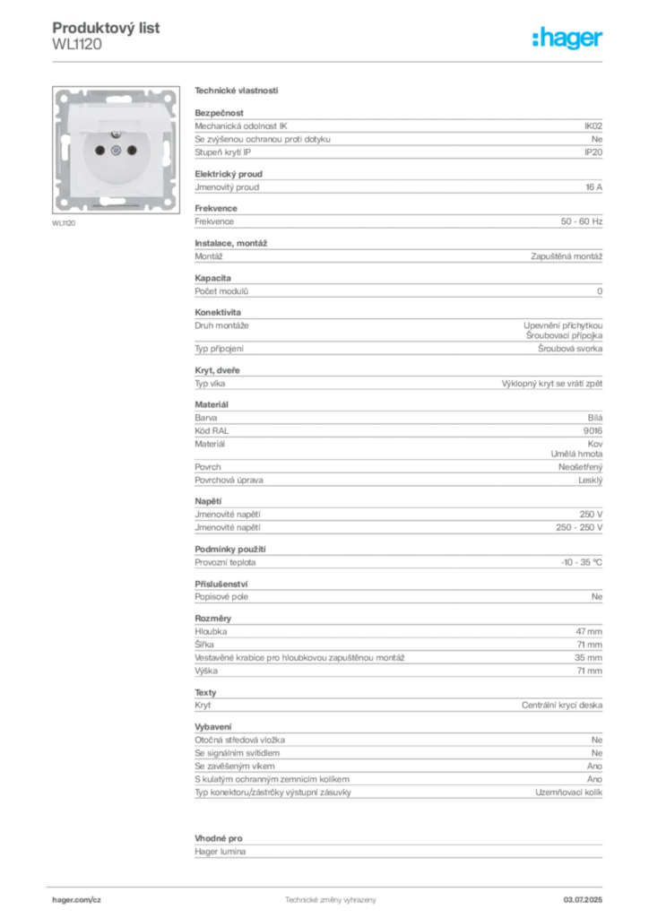 Obrázek Hager Produktový list WL1120 | Hager