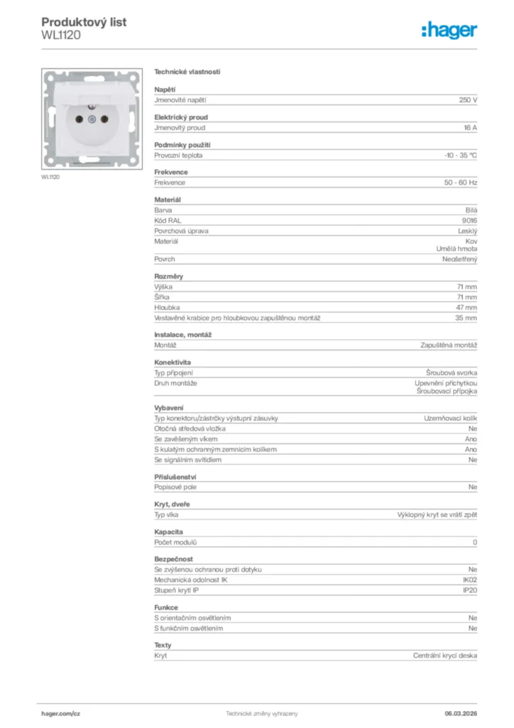 Obrázek Hager Product data sheet WL1120 | Hager