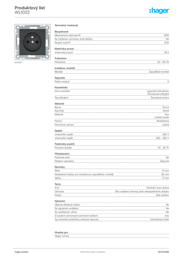 Obrázek Hager Produktový list WL1023 | Hager