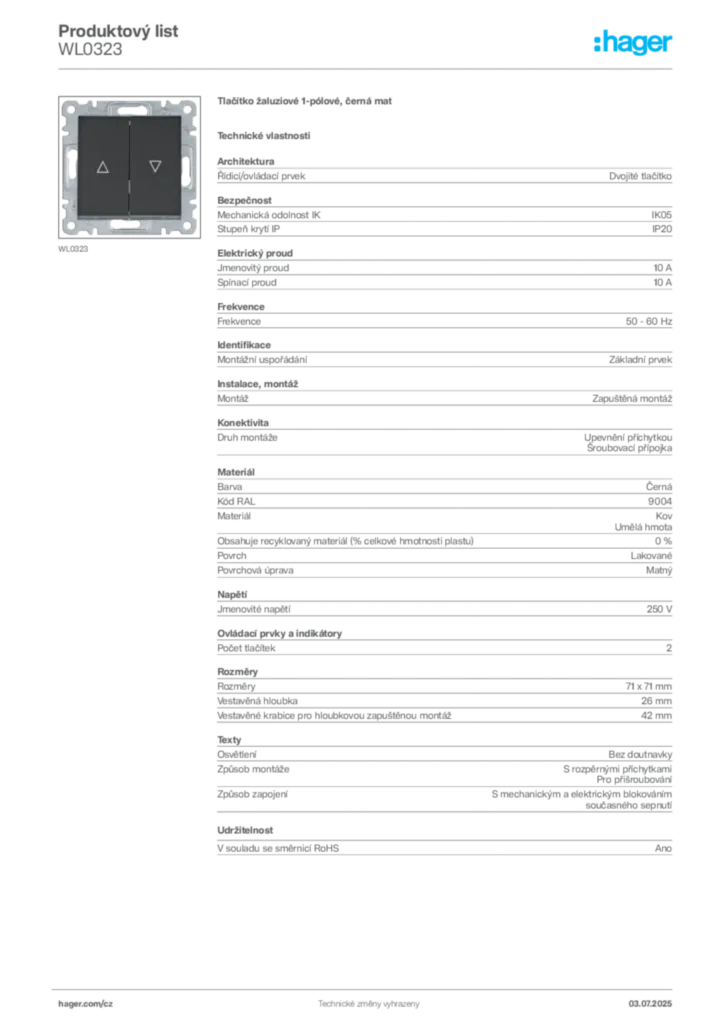 Obrázek Hager Produktový list WL0323 | Hager