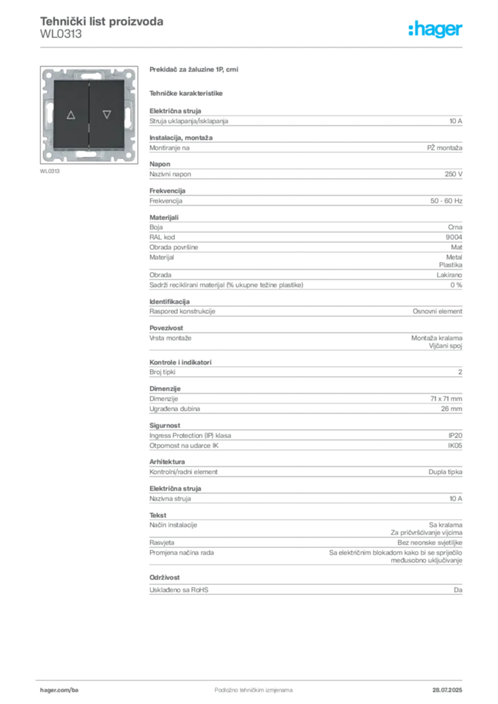 Slika Hager Product data sheet WL0313  | Hager