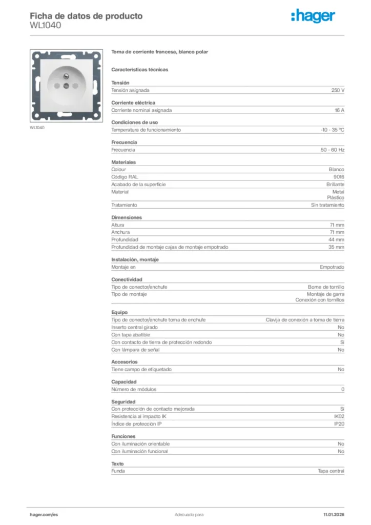Imagen Hager Ficha de datos de producto WL1040 | Hager España