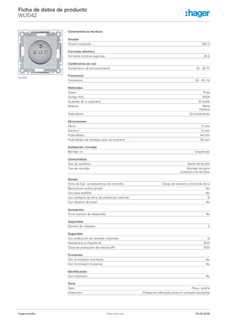 Imagen Hager Ficha de datos de producto WL1042 | Hager España