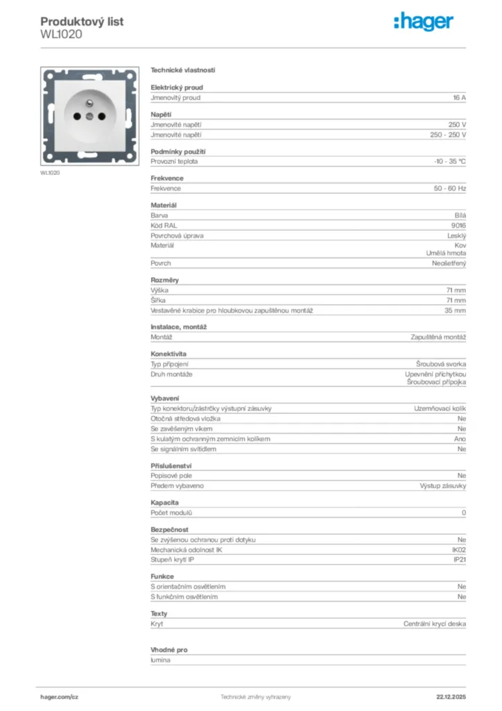 Obrázek Hager Product data sheet WL1020 | Hager