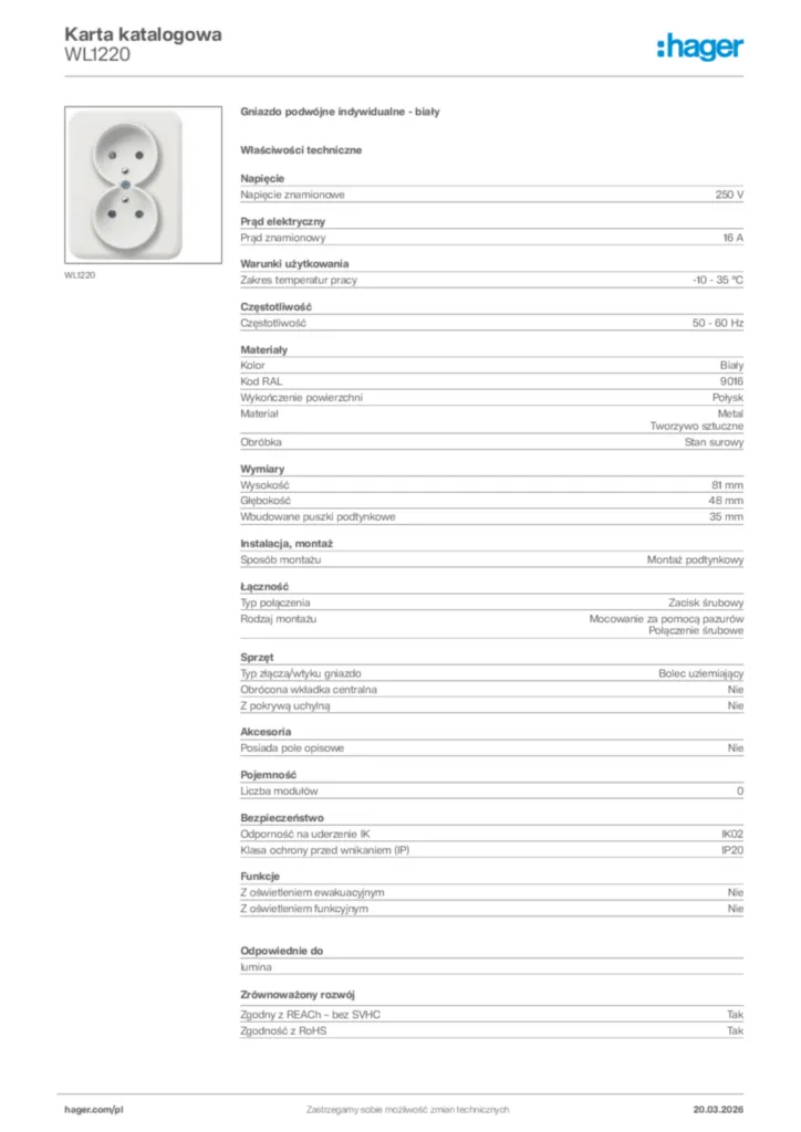 Zdjęcie Hager Karta katalogowa WL1220 | Hager Polska