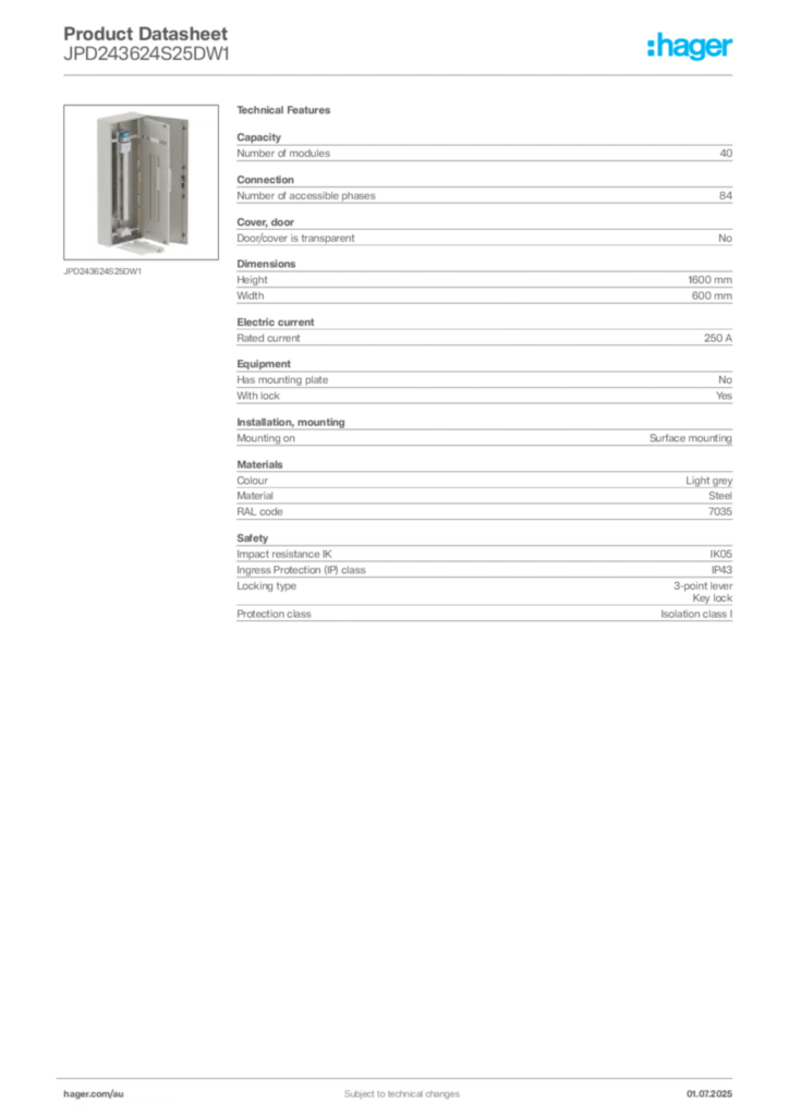 Image Hager Product data sheet JPD243624S25DW1  | Hager Australia