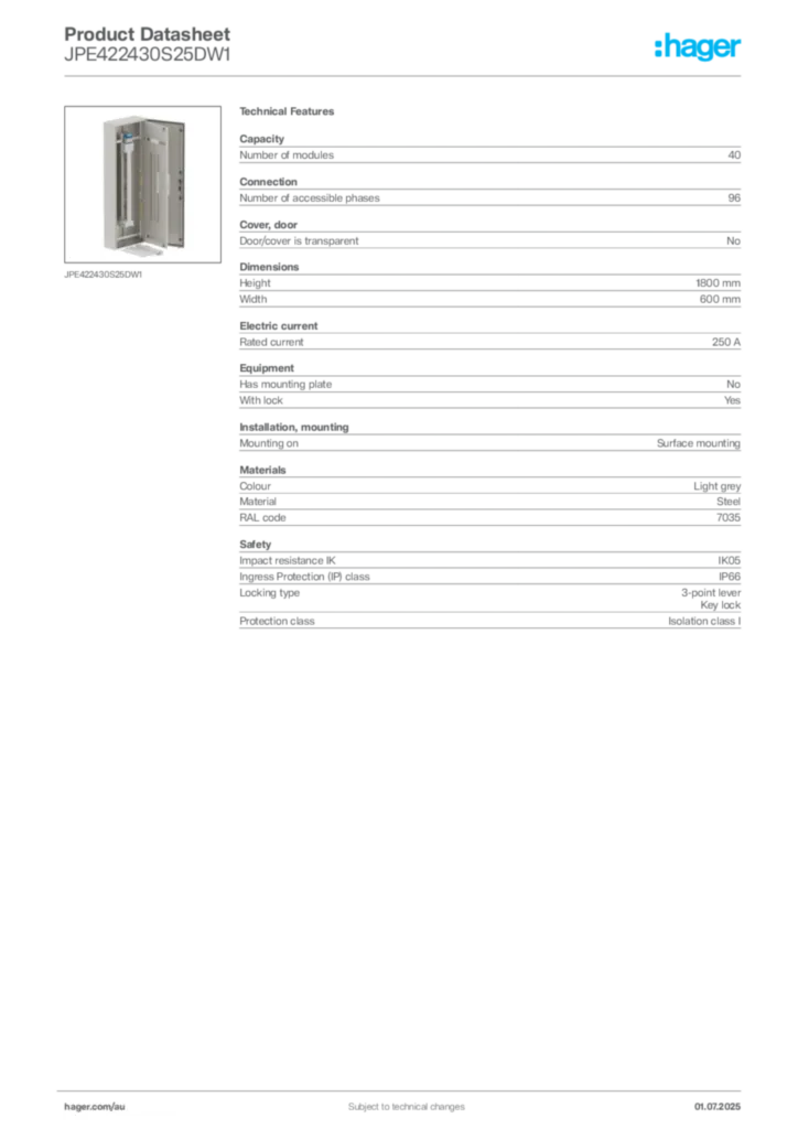 Image Hager Product data sheet JPE422430S25DW1  | Hager Australia