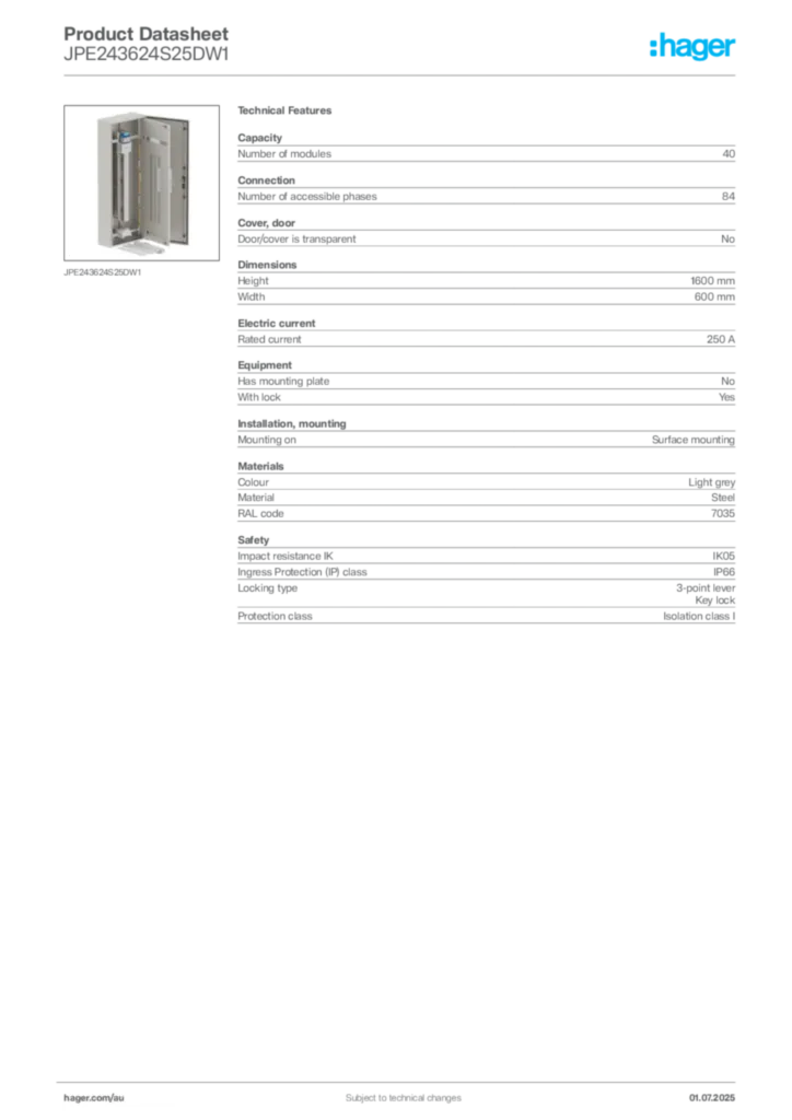 Image Hager Product data sheet JPE243624S25DW1  | Hager Australia