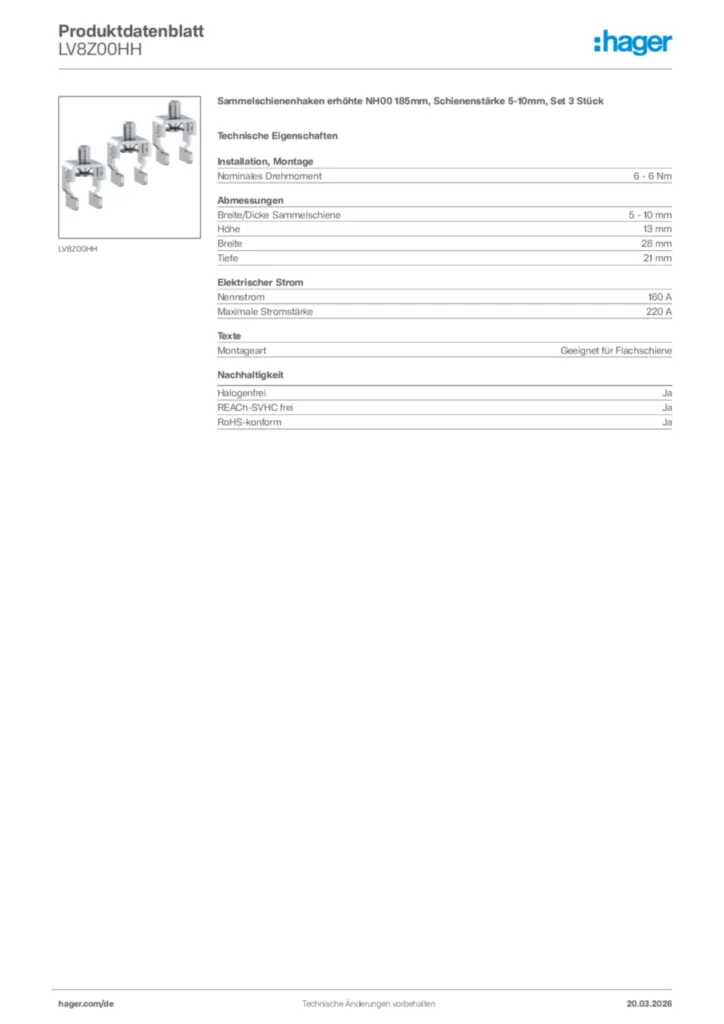 Bild Hager Produktdatenblatt LV8Z00HH | Hager Deutschland