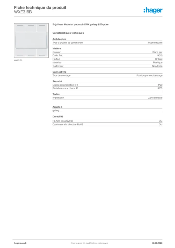 Image Hager Fiche technique du produit WXE316B | Hager France