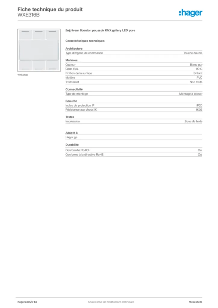 Image Hager Fiche technique du produit WXE316B | Hager Belgique