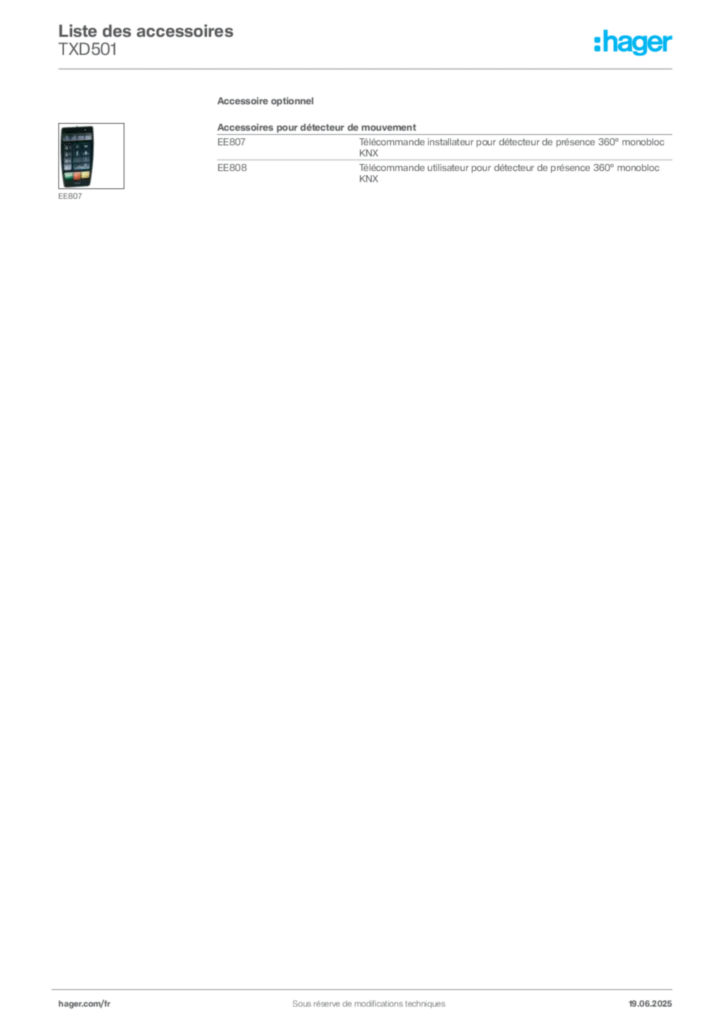 Image Hager Fiche technique du produit TXD501 | Hager France