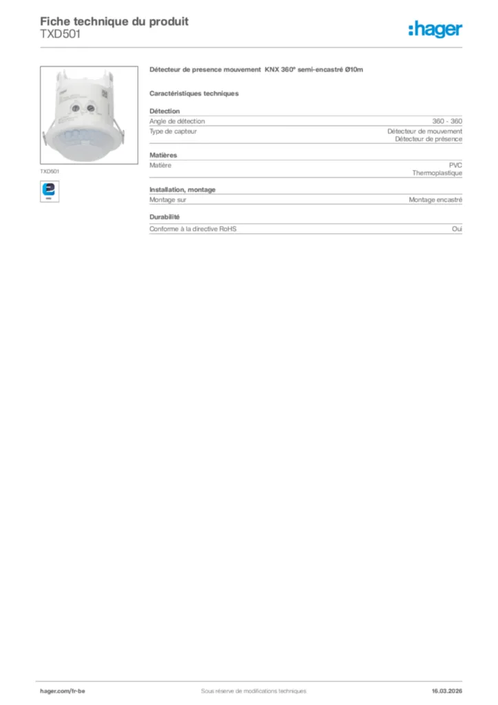 Image Hager Fiche technique du produit TXD501 | Hager Belgique