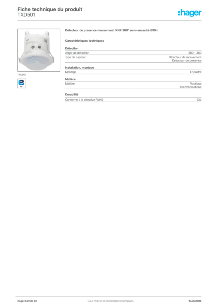 Image Hager Fiche technique du produit TXD501 | Hager Suisse