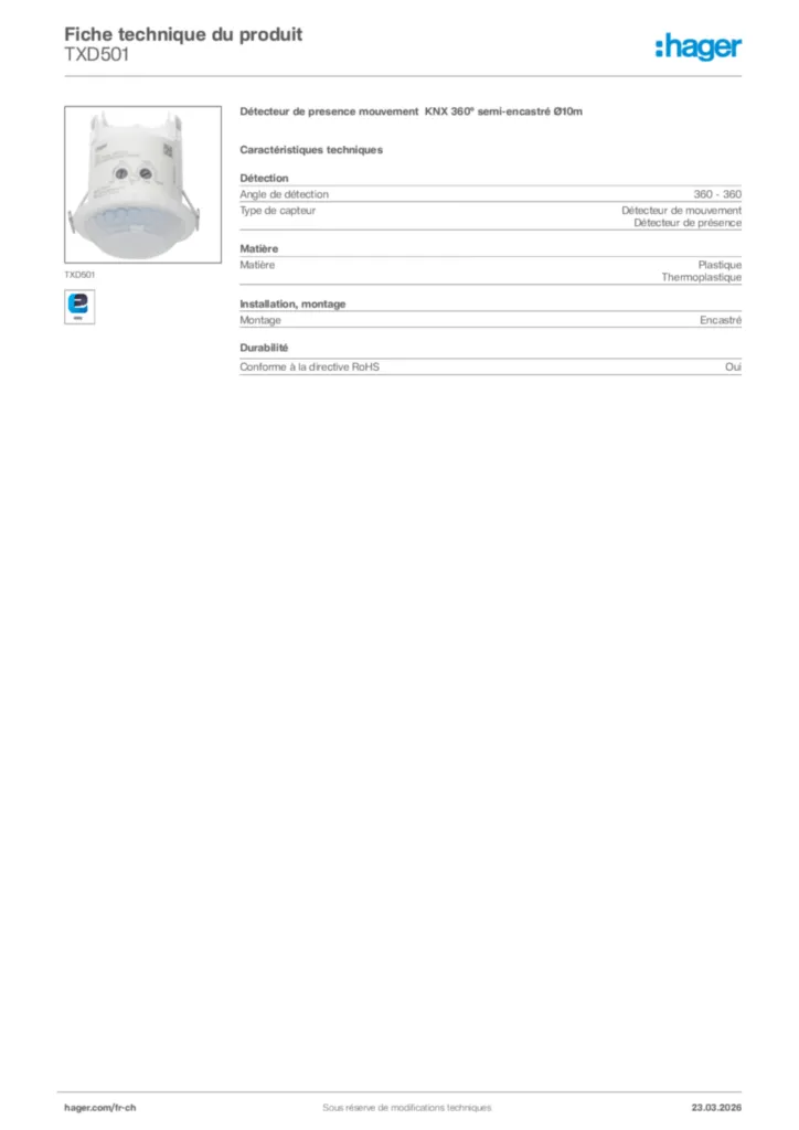 Image Hager Fiche technique du produit TXD501 | Hager Suisse