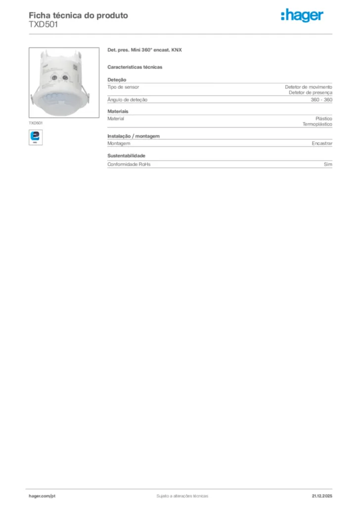Imagem Hager Ficha técnica do produto TXD501 | Hager Portugal