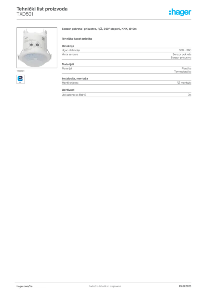 Slika Hager Product data sheet TXD501  | Hager