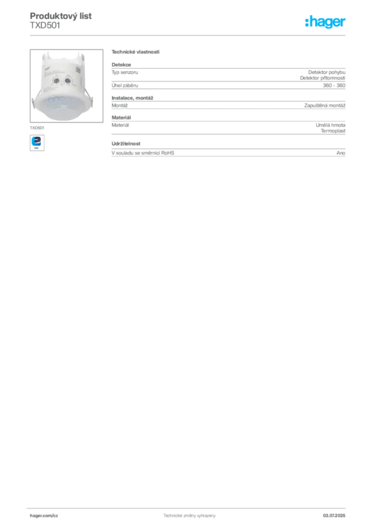 Obrázek Hager Produktový list TXD501 | Hager