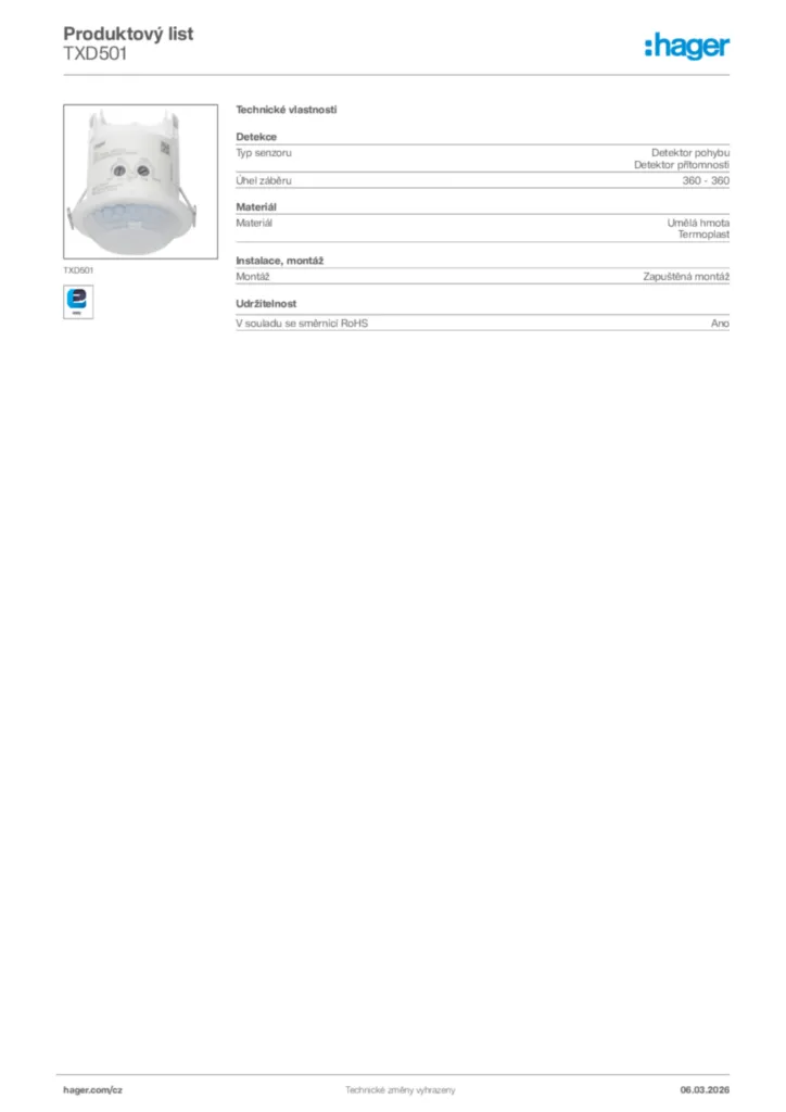 Obrázek Hager Product data sheet TXD501 | Hager