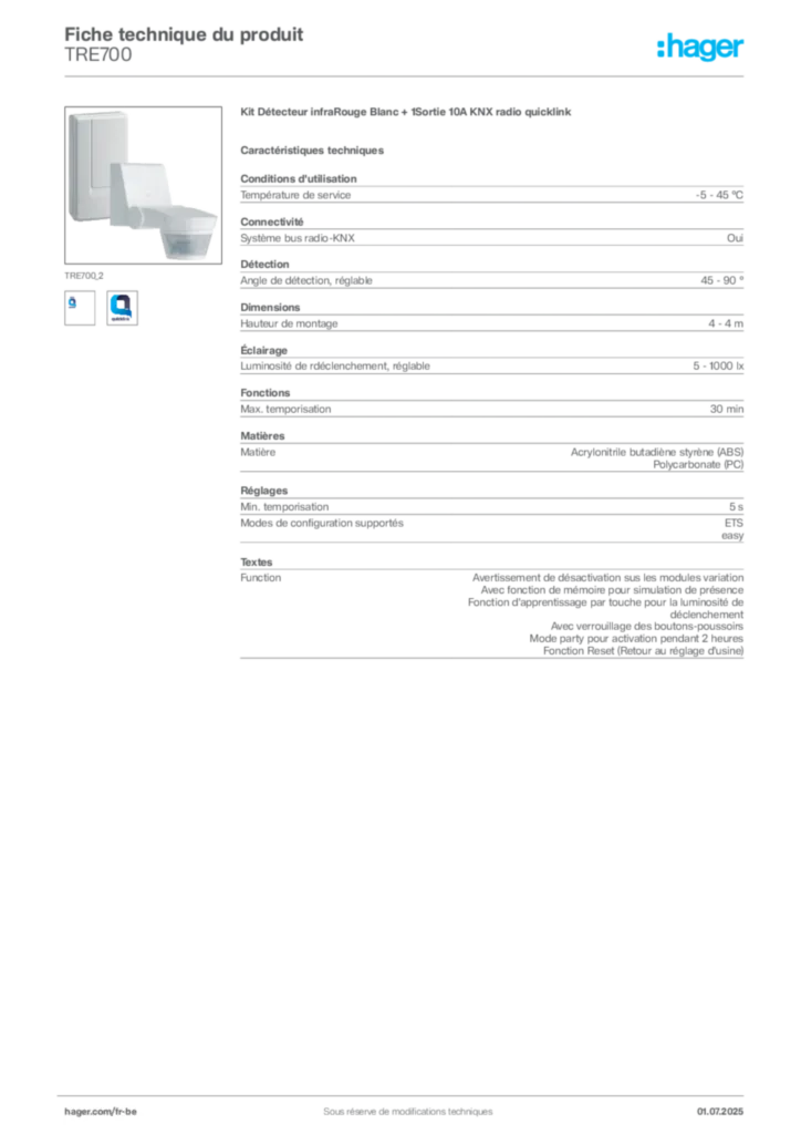 Image Hager Fiche technique du produit TRE700 | Hager Belgique