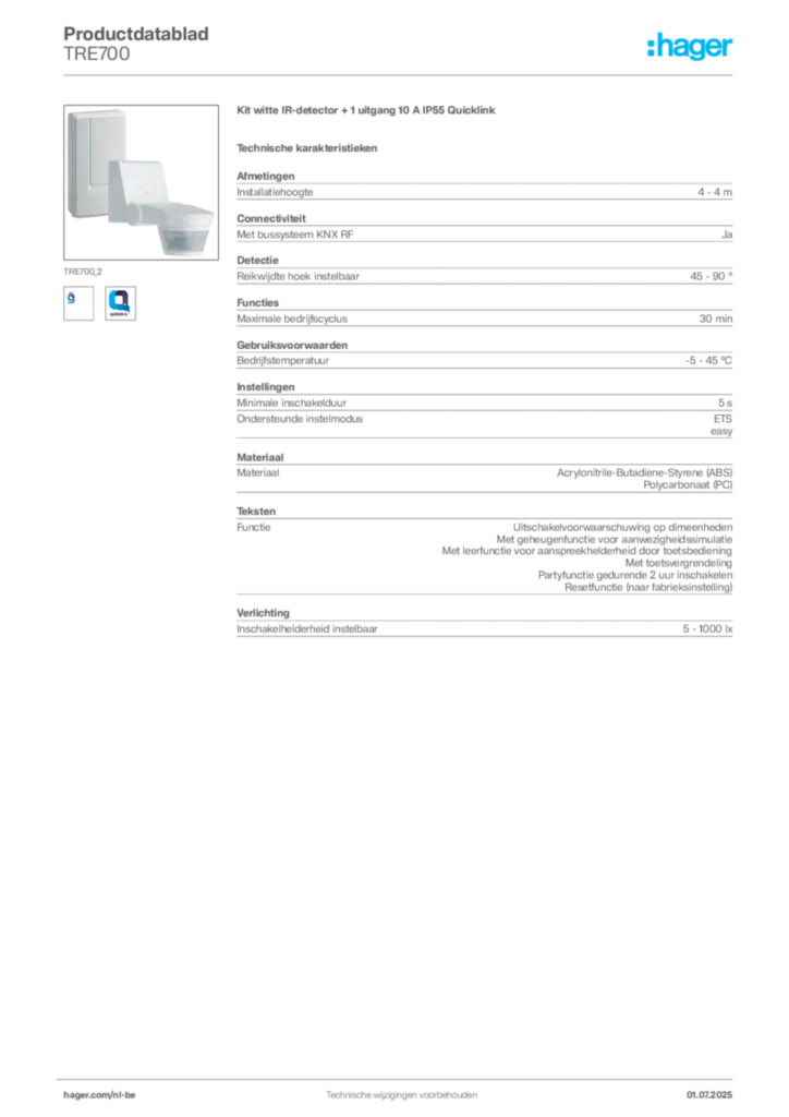 Afbeelding Hager Productdatablad TRE700 | Hager Belgium