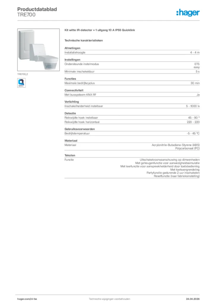 Afbeelding Hager Productdatablad TRE700 | Hager Belgium