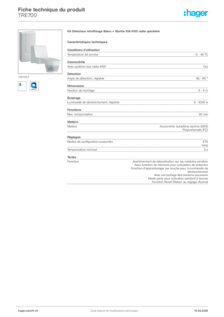 Image Hager Fiche technique du produit TRE700 | Hager Suisse