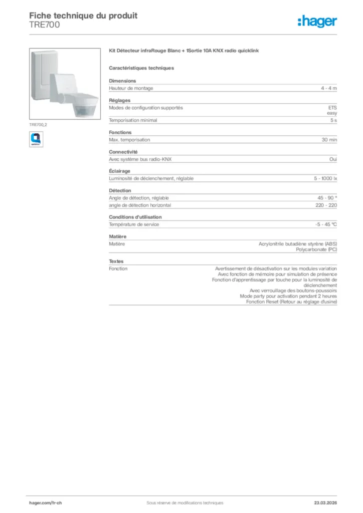 Image Hager Fiche technique du produit TRE700 | Hager Suisse
